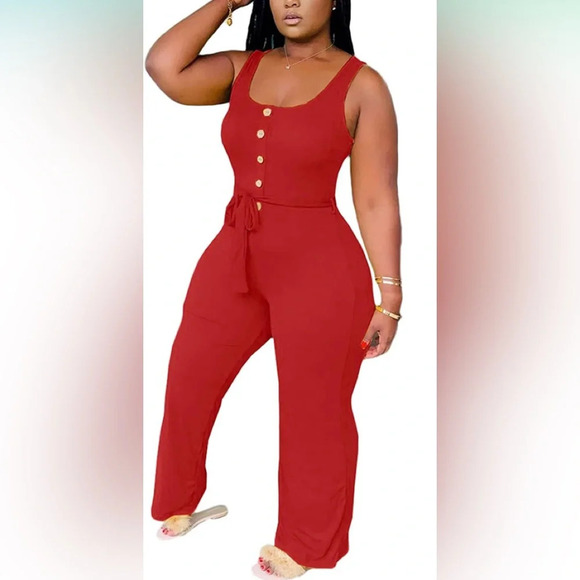 Womens Casual Wide Leg Jumpsuits Sleeveless,Button Down Long Pants Playsuit - Picture 3 of 5